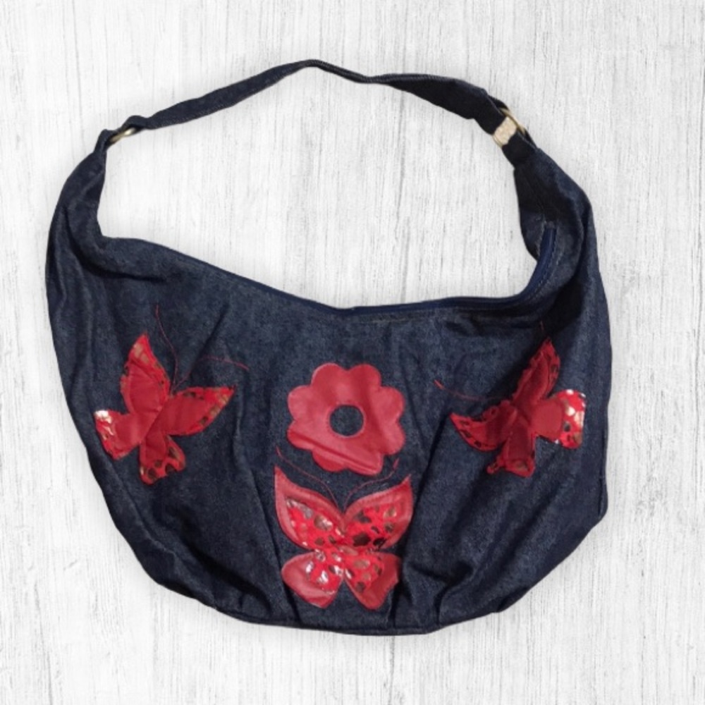 Red Flower Denim Shoulder Bag